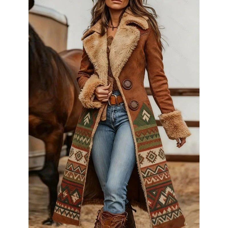 Womens Western-Style Plush Fashionable Printed Coat