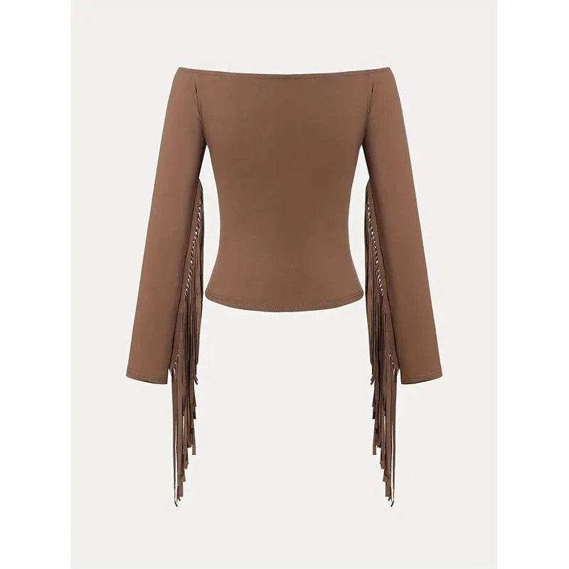 Women's Western Cowgirl Off-Shoulder Fringe Top, Sexy Slim Fitted Long Sleeve Tassel Blouse