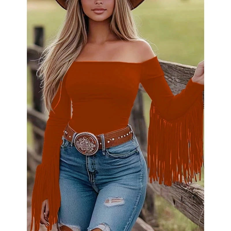 Women's Western Cowgirl Off-Shoulder Fringe Top, Sexy Slim Fitted Long Sleeve Tassel Blouse
