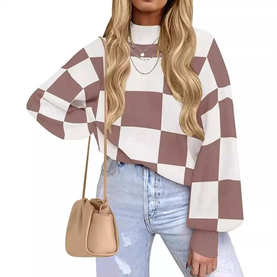 Person wearing a checkered sweater and jeans with a beige handbag on a white background