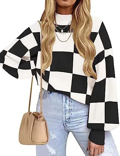Use the color shown in each photo, such as “Black and white checkerboard knit sweater styled with light-wash jeans.”