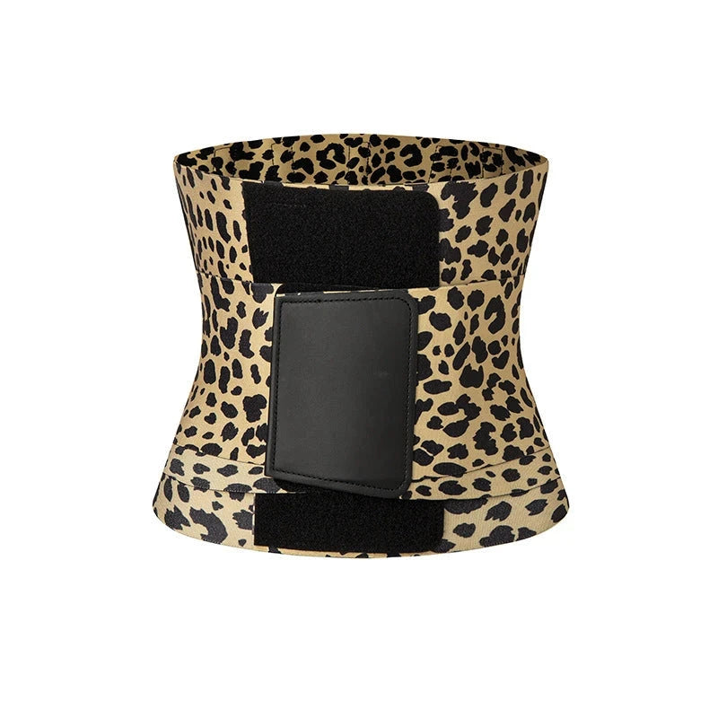 yellow and black leopard print waist cincher wrap with black adjustable fastening panels, shown around the waist.