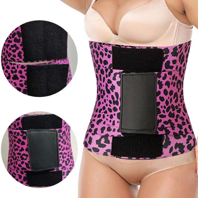 Pink and black leopard print waist cincher wrap with black adjustable fastening panels, shown around the waist.