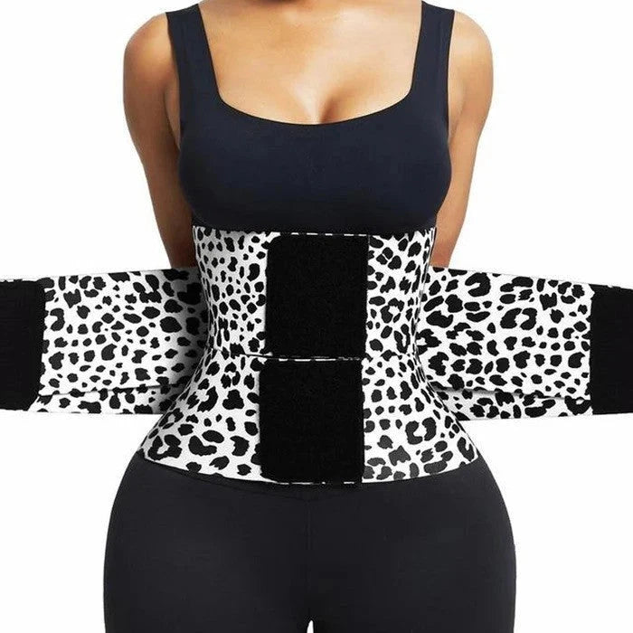 white and black leopard print waist cincher wrap with black adjustable fastening panels, shown around the waist.