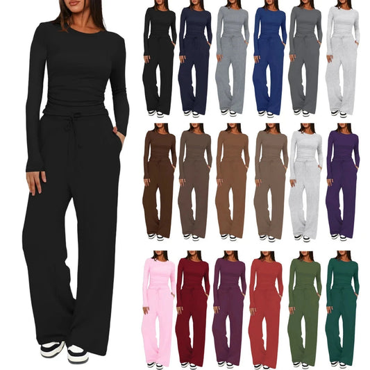 Black long-sleeve top and matching drawstring wide-leg pants, with additional color options shown.