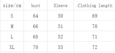 A size chart table showing measurements for clothing sizes S through XL, with columns for size/cm, bust, sleeve, and clothing length.