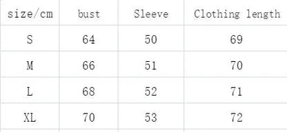 A size chart table showing measurements for clothing sizes S through XL, with columns for size/cm, bust, sleeve, and clothing length.