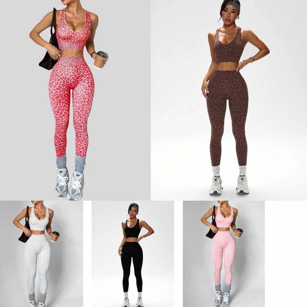 Models wearing leopard print sports bra and leggings sets in red, brown, white, black, and pink.
