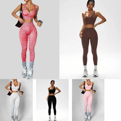 Models wearing leopard print sports bra and leggings sets in red, brown, white, black, and pink.