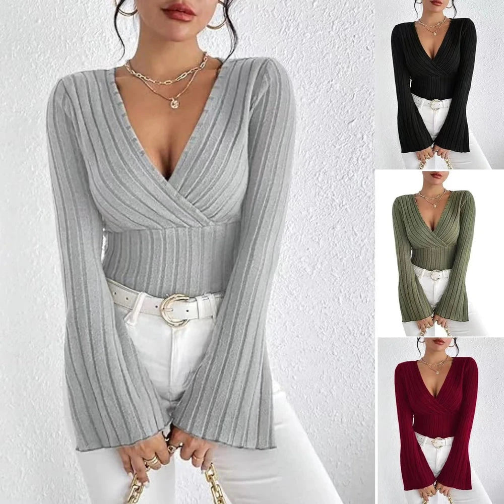 Ribbed wrap-style V-neck top with bell sleeves shown in gray, black, olive green, and burgundy.