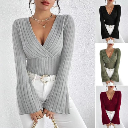 Ribbed wrap-style V-neck top with bell sleeves shown in gray, black, olive green, and burgundy.