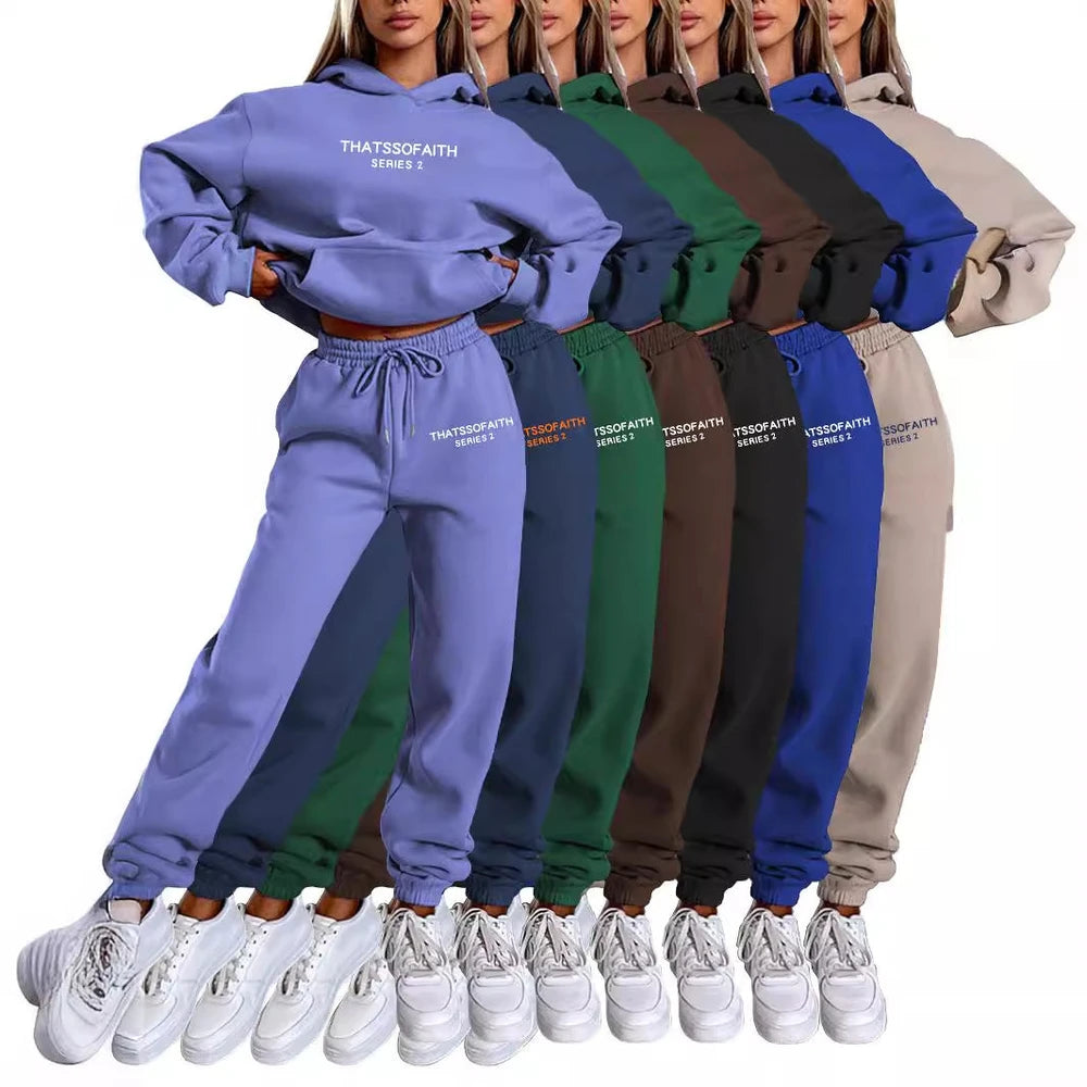 Set of tracksuits in various colors with a brand name on a white background