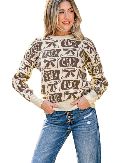 Womens Long-Sleeve Sweater With A Trendy Western-Style Print
