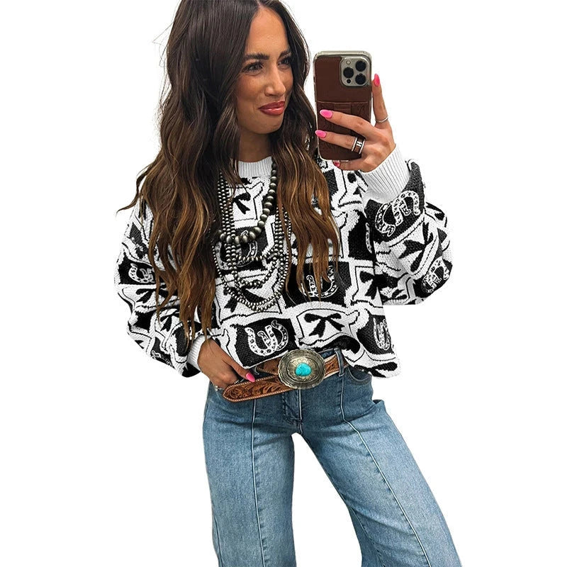 Womens Long-Sleeve Sweater With A Trendy Western-Style Print