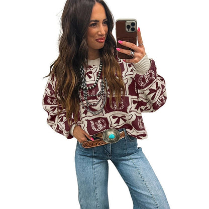 Womens Long-Sleeve Sweater With A Trendy Western-Style Print