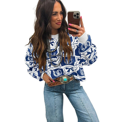 Womens Long-Sleeve Sweater With A Trendy Western-Style Print