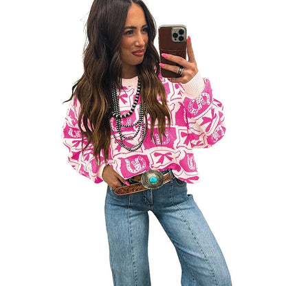 Womens Long-Sleeve Sweater With A Trendy Western-Style Print