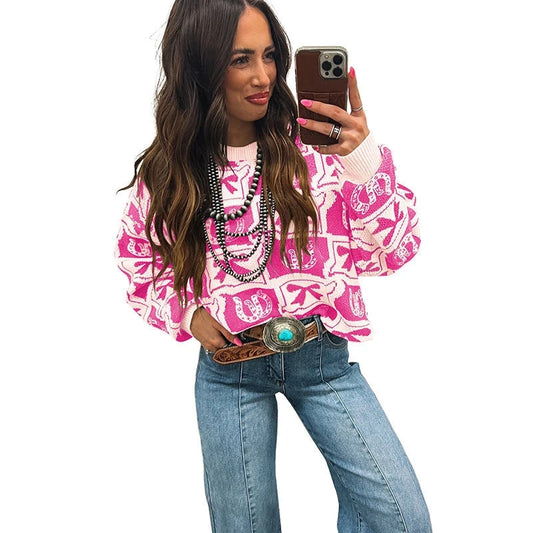 Womens Long-Sleeve Sweater With A Trendy Western-Style Print