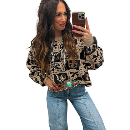 Womens Long-Sleeve Sweater With A Trendy Western-Style Print