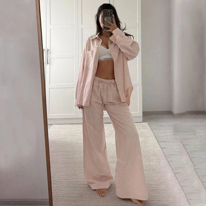 Fashionable Striped Casual Simple Womens Long-Sleeve Top And Pants Loose Set