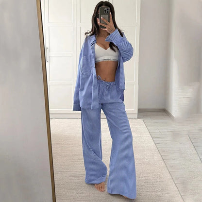 Fashionable Striped Casual Simple Womens Long-Sleeve Top And Pants Loose Set