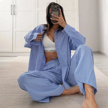 Fashionable Striped Casual Simple Womens Long-Sleeve Top And Pants Loose Set