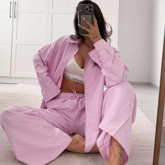 Fashionable Striped Casual Simple Womens Long-Sleeve Top And Pants Loose Set