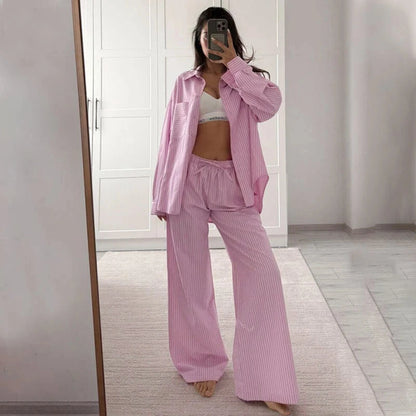Fashionable Striped Casual Simple Womens Long-Sleeve Top And Pants Loose Set