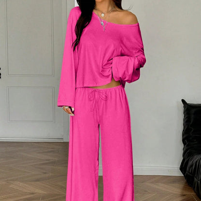 Womens Solid-Color Casual Off-the-Shoulder Long-Sleeve Pants