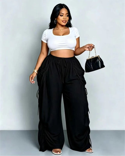 Retro Punk-style Drawstring Pleated High-waisted Wide-leg Pants