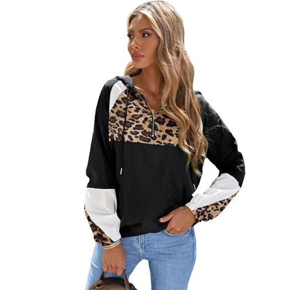 Women's Leopard Print Contrast Stitching Zipper Hooded Casual Ladies Sweater
