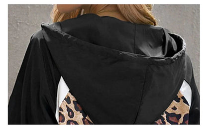 Women's Leopard Print Contrast Stitching Zipper Hooded Casual Ladies Sweater