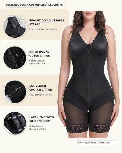Women's Tummy Control Shapewear Bodysuit, Adjustable Straps, Hook And Zipper Front Closure