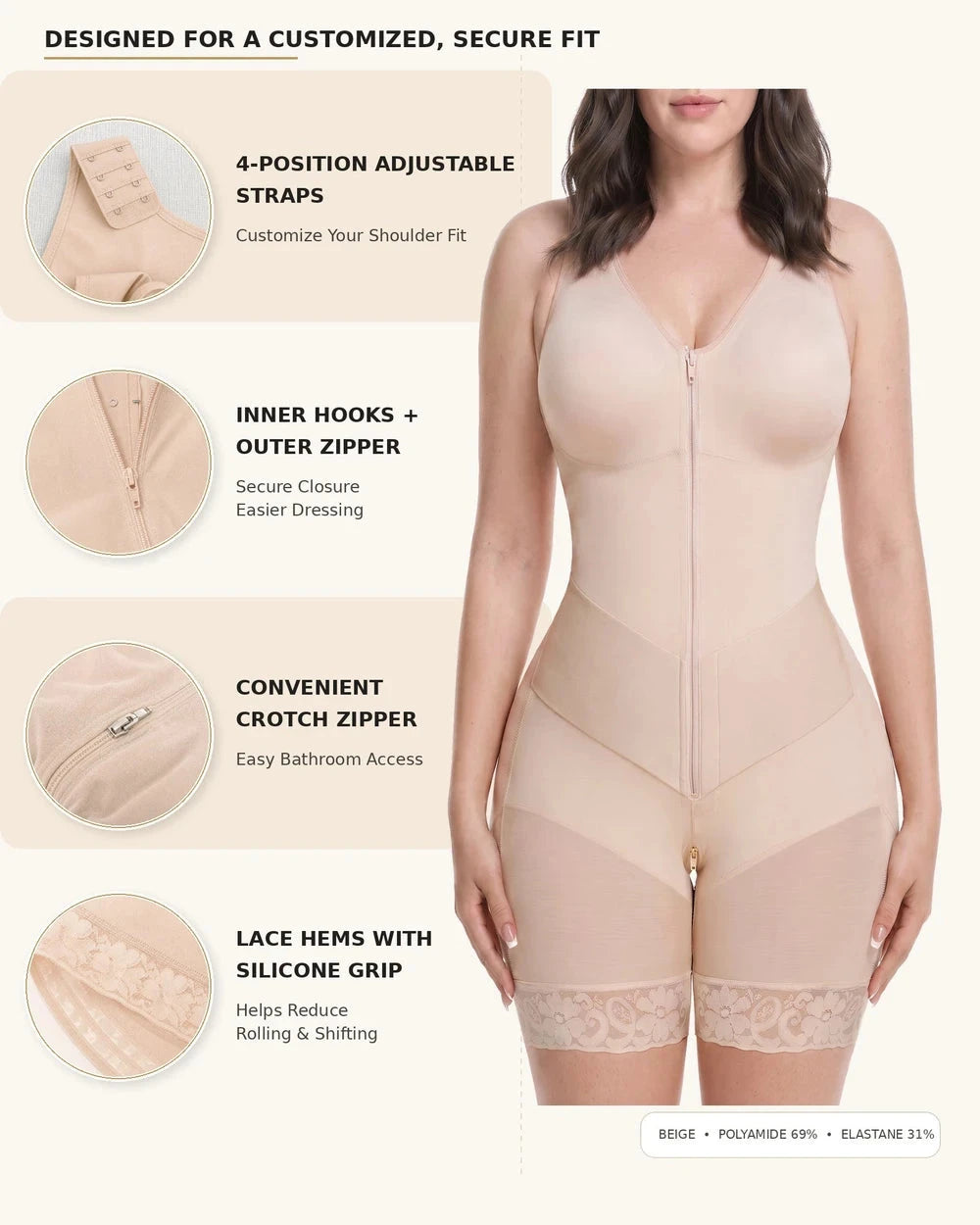 Women's Tummy Control Shapewear Bodysuit, Adjustable Straps, Hook And Zipper Front Closure