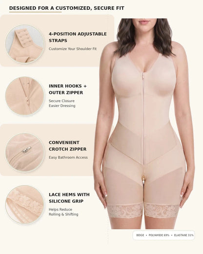 Women's Tummy Control Shapewear Bodysuit, Adjustable Straps, Hook And Zipper Front Closure