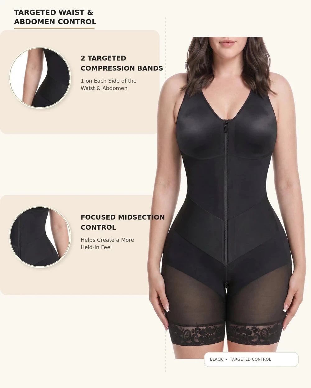 Women's Tummy Control Shapewear Bodysuit, Adjustable Straps, Hook And Zipper Front Closure