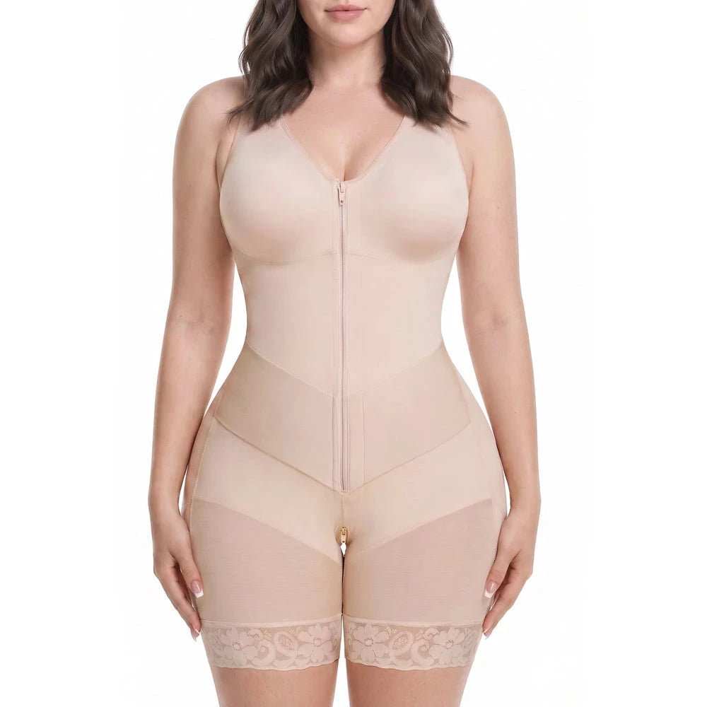 Women's Tummy Control Shapewear Bodysuit, Adjustable Straps, Hook And Zipper Front Closure