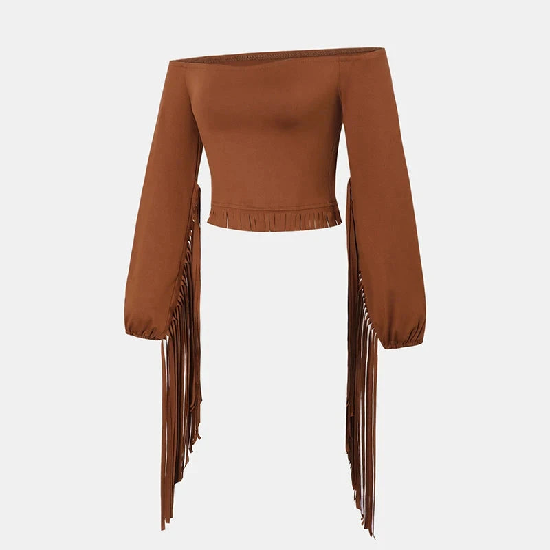 Women's Solid Color Western Cowgirl Style Off-Shoulder Fringe Top - Sexy Slim Fitted Long Sleeve Tassel Blouse