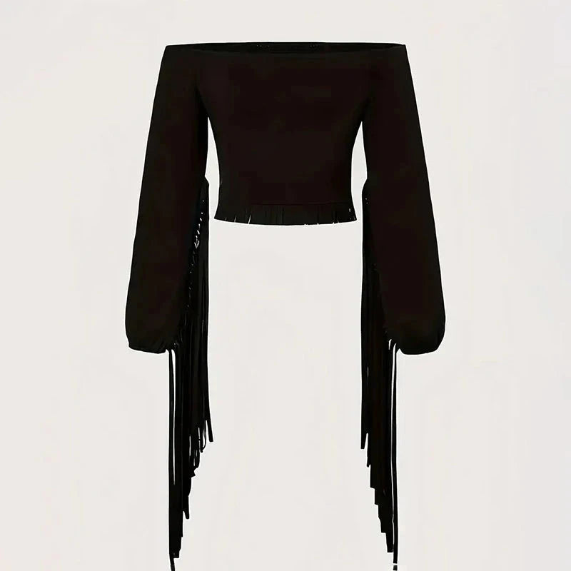 Women's Solid Color Western Cowgirl Style Off-Shoulder Fringe Top - Sexy Slim Fitted Long Sleeve Tassel Blouse