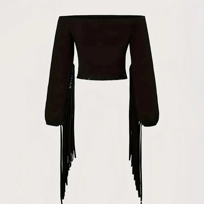 Women's Solid Color Western Cowgirl Style Off-Shoulder Fringe Top - Sexy Slim Fitted Long Sleeve Tassel Blouse