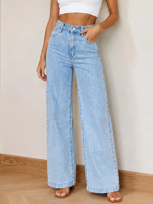 New Women's Mid-Rise Washed Blue Classic Straight-Leg Jeans, Slim Fit, Casual And Versatile, Machine Washable, Suitable For All Seasons
