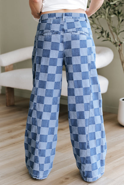 Gray Checkerboard Wide-Leg Pants