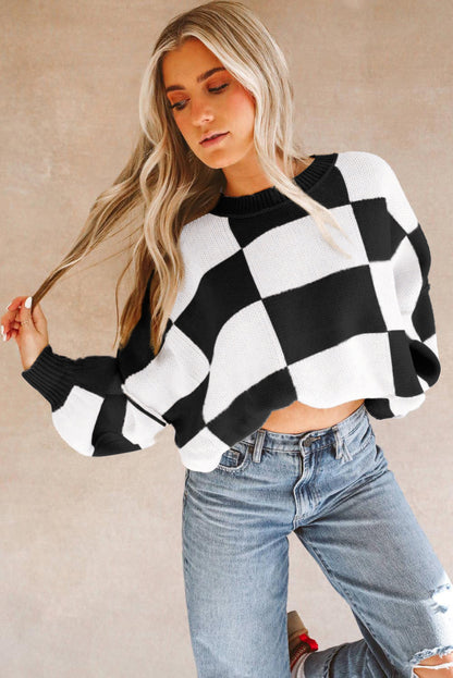 Women’s Oversized Checkerboard Knit Sweater – Crewneck Pullover