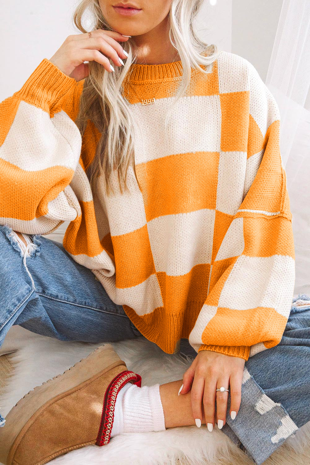 Women’s Oversized Checkerboard Knit Sweater – Crewneck Pullover