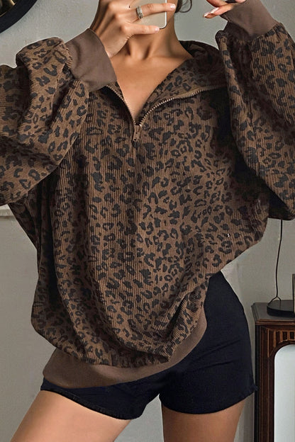 Women’s Leopard Print Half-Zip Oversized Pullover