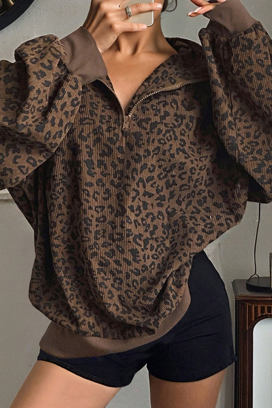 Women’s Leopard Print Half-Zip Oversized Pullover