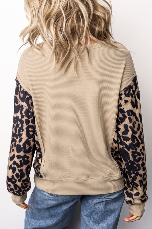 Beige Waffle Knit Top with Leopard Print Sleeves