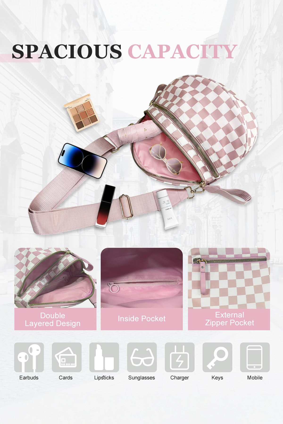 Chicory Coffee Checkered Print Wide Strap Large Crossbody Bag
