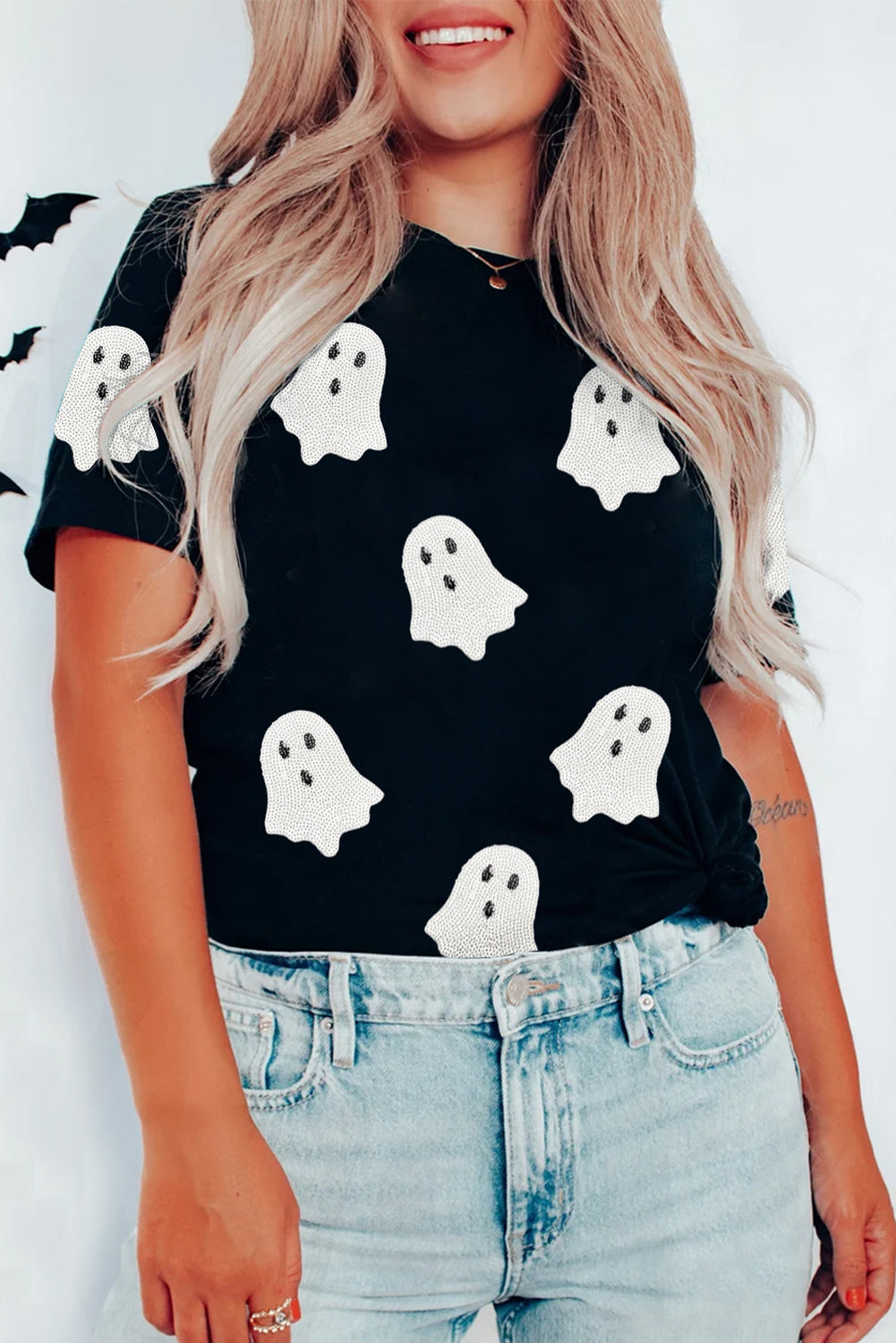 Pink Ghost Print Halloween T-Shirt