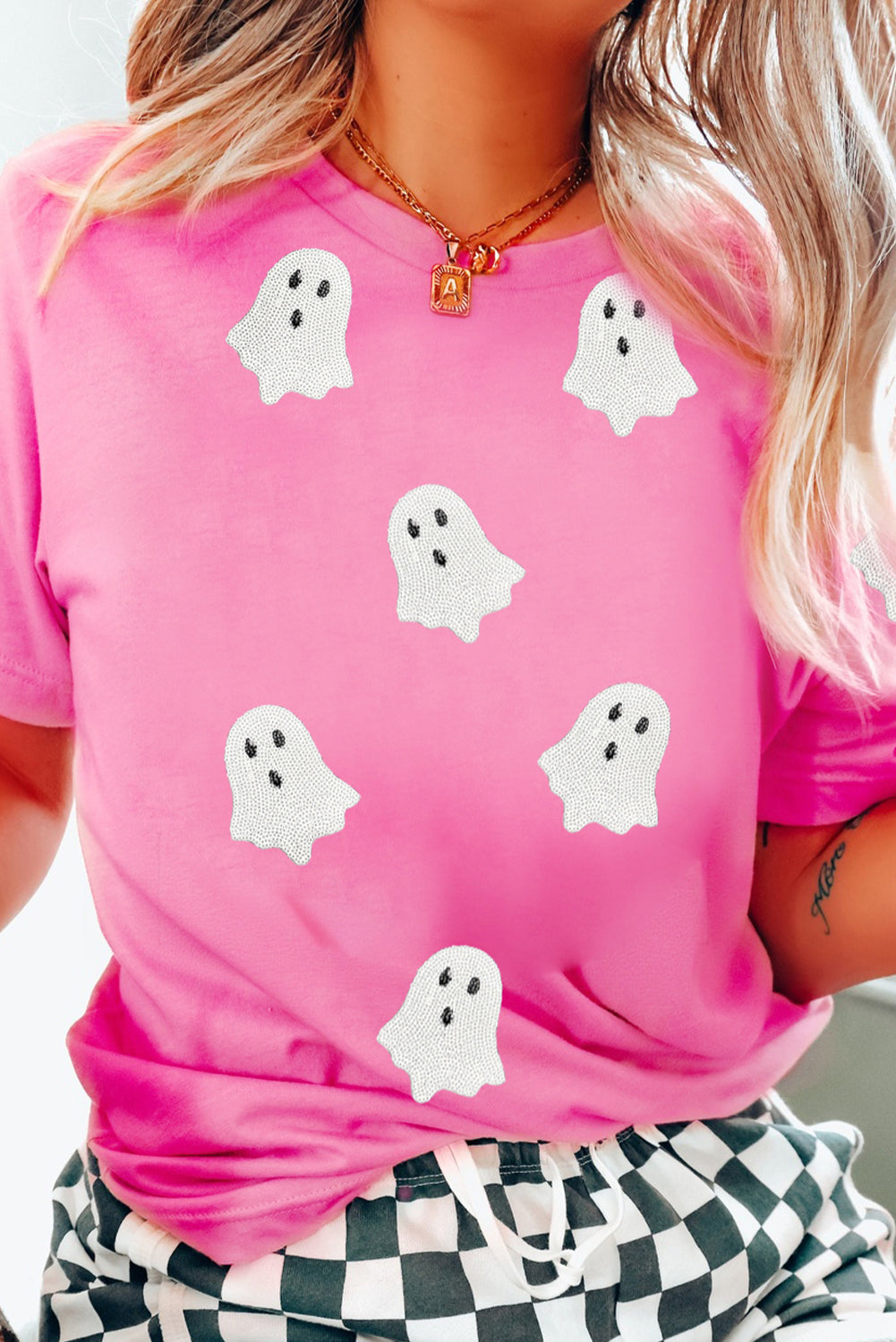 Pink Ghost Print Halloween T-Shirt